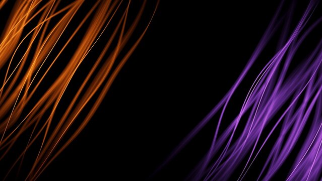 Abstract composition with flowing orange and purple lines on black background. Symmetrical design evokes motion and duality, ideal for tech, sci-fi, or modern digital art themes.