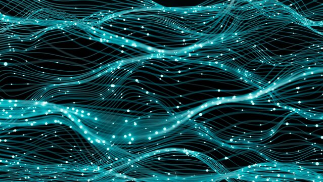 Abstract data flow with turquoise lines and dots on a black background. Wavy layered patterns evoke motion and connectivity, ideal for tech, AI, or digital communication visuals.