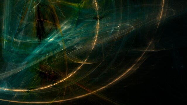 Abstract light trails in teal, green, and gold swirl on a dark background. Dynamic curves suggest motion and energy, ideal for digital art, sci-fi, or tech-themed visuals.