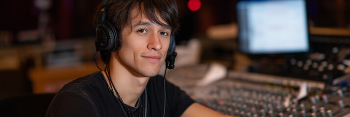 A focused young audio technician works diligently at a sound mixing console, showcasing the art of sound engineering in a studio environment with vibrant lights.