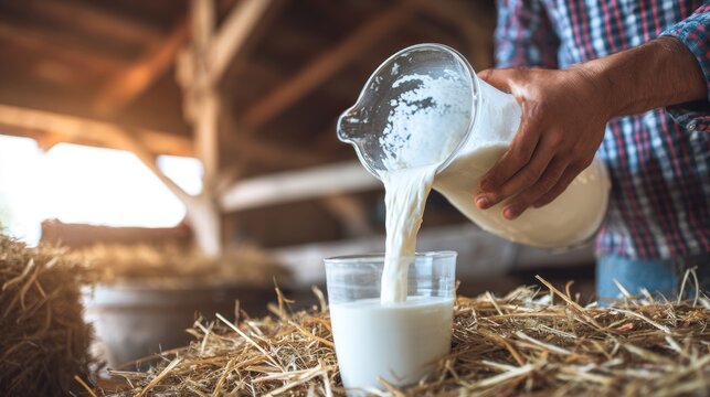 Farmer pouring fresh milk into a glass in rustic barn setting