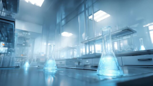 High tech laboratory environment featuring clean surfaces, transparent glassware, and glowing blue illumination. Ideal setting for biotechnology, chemistry, and scientific discovery