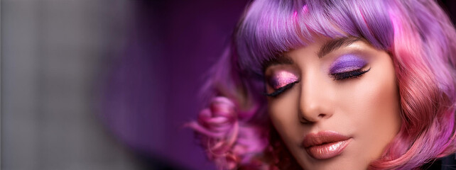 Beauty Portrait of Woman with Pink Purple Hair and Creative Makeup, Banner with Copyspace