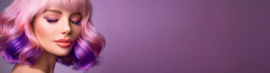 Beauty Portrait of Woman with Pink Purple Hair and Creative Makeup, Banner with Copyspace