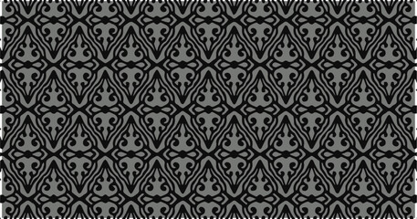 A black and gray seamless pattern with fleur-de-lis inspired shapes arranged in a clean symmetrical layout.