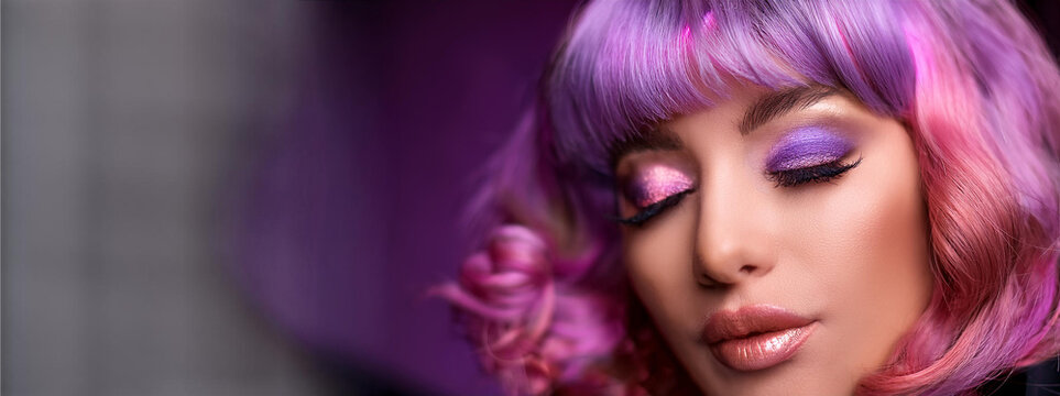 Beauty Portrait of Woman with Pink Purple Hair and Creative Makeup, Banner with Copyspace