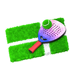 Realistic 3D Padel Tennis Racket and Ball on Grass Court Illustration