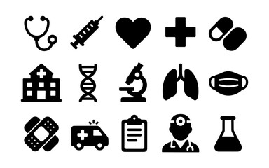 Obraz premium Healthcare icons collection: medical symbols in minimalist black silhouette style