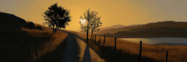 An idyllic sunset landscape with long shadows cast by silhouettes of trees, portraying the tranquility and beauty of nature in a peaceful rural setting.