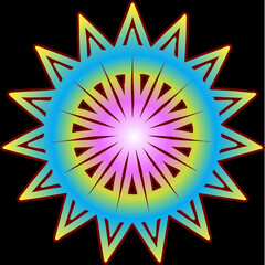A bright star-shaped mandala with sharp yellow and purple rays on a blue circular base.