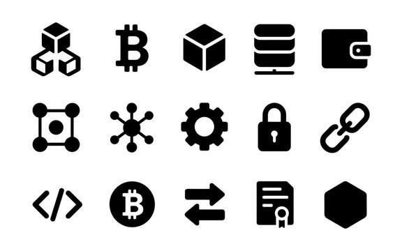 Cryptocurrency and blockchain icons: minimalistic design for digital technology themes