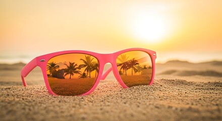 Pink sunglasses reflecting palm trees on a sandy beach