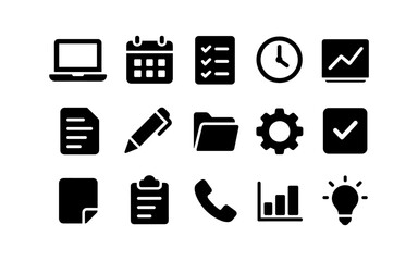 Essential business tools icons set: laptop, calendar, checklist, clock, graph