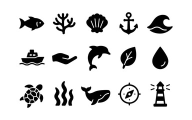 Obraz premium Nautical and marine icons set: silhouette ocean elements