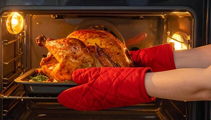 Roasted Turkey Being Removed from Oven with Red Oven Mitts.