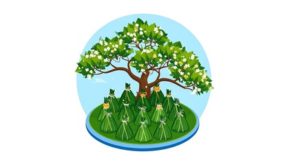 Obraz premium Whimsical Illustration of a Tree with Green Cones in a Circle.