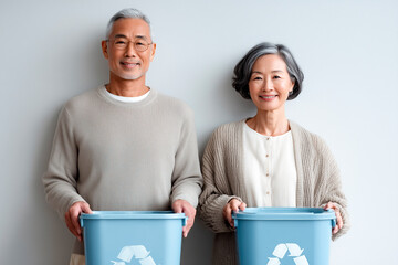 A smiling mature couple stands holding blue recycling bins, showing teamwork and eco-conscious living in a calm, minimalist setting.