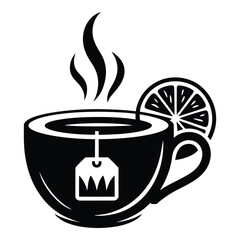 Hot tea with lemon illustration black and white graphic design