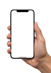 Close up of a person s hand holding a modern smartphone with a blank black screen isolated on transparent background