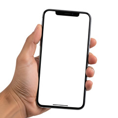 Human hand holding a modern smartphone with a black screen isolated on transparent background
