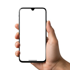 Close up of a human hand holding a modern smartphone with a blank black screen isolated on transparent background