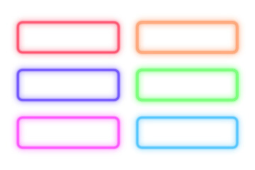 Square line neon light text box frame, button, set of colorful shaped object elements isolated on white background