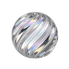 Abstract iridescent glass sphere with swirling patterns and light refractions isolated on transparent background