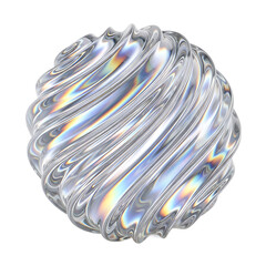 Abstract iridescent glass sphere with swirling texture and rainbow light refractions isolated on transparent background