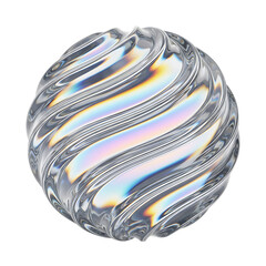 Abstract iridescent glass sphere with swirling patterns and light refractions isolated on transparent background