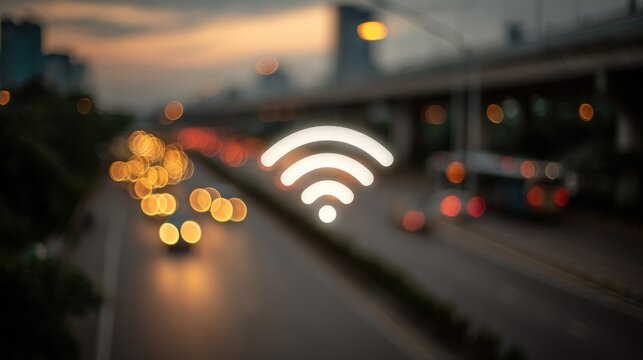 Wireless network concept illuminated wifi symbol overlaying urban road scene