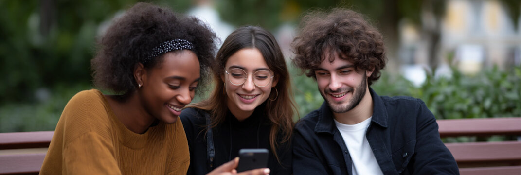 A joyful image of three friends laughing together while viewing something on their phone, representing friendship and the beauty of shared moments in everyday life.