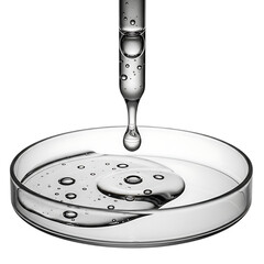 Close up of a clear liquid droplet falling from a pipette into a petri dish with liquid and bubbles isolated on transparent background