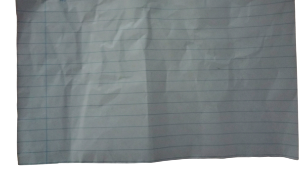 A close-up, top-down view shows a crumpled and lined piece of white paper, slightly out of focus, against a transparent background.