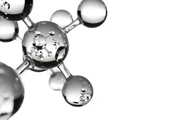 Close up of a transparent glass molecular structure with reflective spheres and connecting rods isolated on transparent background