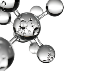 Close up of a transparent glass molecular structure with reflective spheres and connecting rods isolated on transparent background