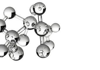 Close up of a metallic molecular structure with spherical atoms connected by rods isolated on transparent background