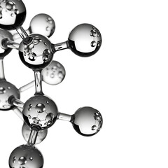 Close up of a metallic molecular structure with reflective spheres and connecting rods isolated on transparent background