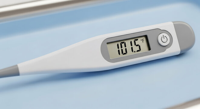 Close up of a digital thermometer displaying a temperature of one hundred and one point five degrees