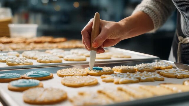 Close up of a hand using a brush to apply icing details on freshly baked cookies, highlighting precision and artistry. The scene captures a cozy, festive baking atmosphere in a modern kitchen