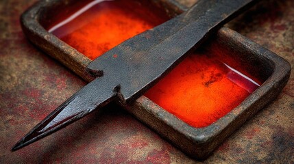 Close up of a metal spearhead over red liquid in a rectangular container