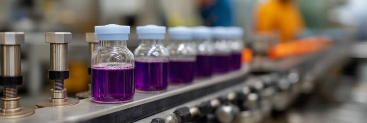 This striking image depicts a series of glass vials filled with a vivid purple solution neatly arranged along a laboratory production line, suggesting advanced science and technology.