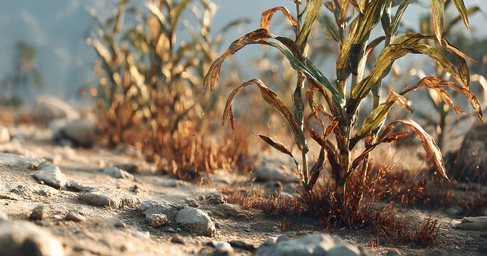 Withering corn plants stand in arid soil, showcasing the effects of drought. The scene captures dry conditions with sparse vegetation and rocky terrain under bright sunlight.