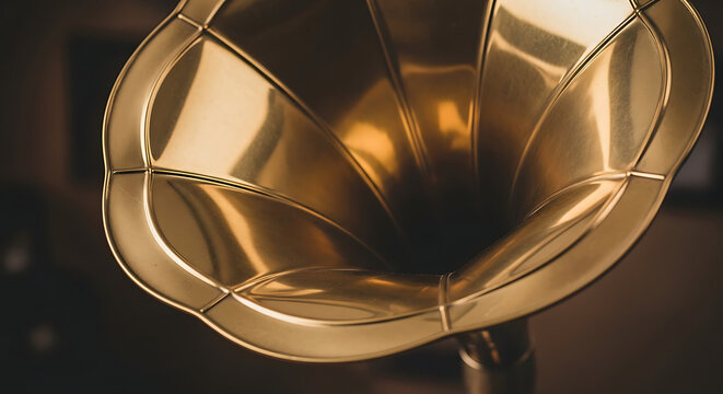 A close up shot of a golden gramophone horn with a blurred background in a vintage style setting