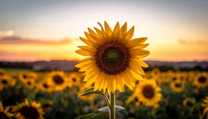 Obraz premium Radiant Sunflower Field at Sunset - A Golden Floral Landscape.