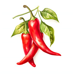 Vibrant red chili peppers on a branch with green leaves illustration