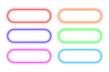 Square rounded line neon light text box frame, button, set of colorful shaped object elements isolated on white background