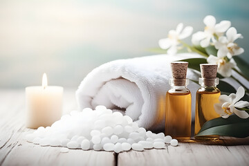 Serene spa essentials with aromatherapy oils and soft candlelight create a tranquil atmosphere