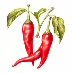 Vibrant red chili peppers with green leaves on a stem