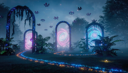 Surreal Lush Garden with Glowing Portals Opening into Other Dimensions