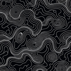 Abstract wavy contour line pattern, black background with flowing orange and white lines, modern minimal topographic texture